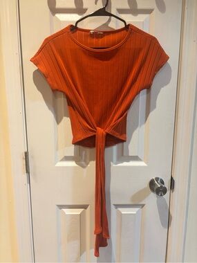 Orange Tie-Front Ribbed Crop Top